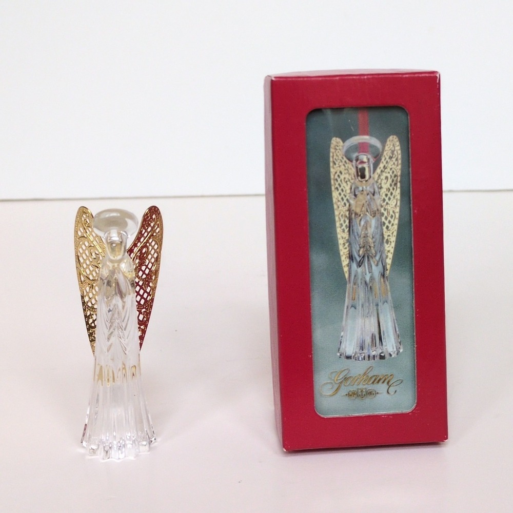 NIB Vtg Gorham Full Lead Crystal Angel Christmas Tree Ornament Gold‎ Metal Wings